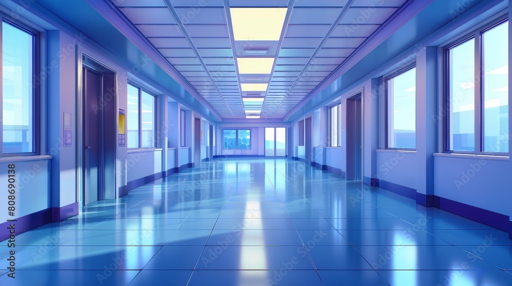 3D hospital, clinic, office hall with large windows and doors on the sides, Light room with lamps on the ceiling, Realistic modern mockup.