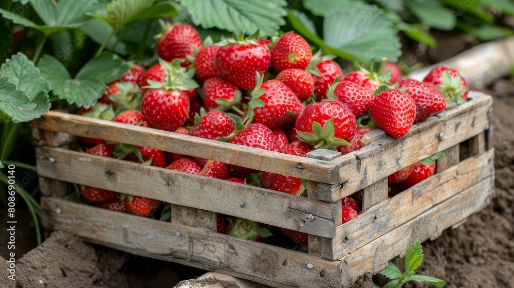 Freshly picked ripe red strawberries in wooden box in farmers field on a sunny day Freshly picked ripe red strawberries in wooden box in farmers field on a sunny day