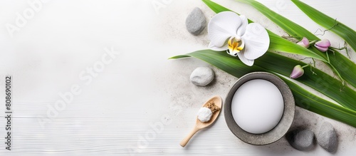 Zen inspired flat lay composition featuring a white background adorned with a spoon a bowl filled with salt a pile of stones and vibrant green palm and orchid plants Ample copy space is available for