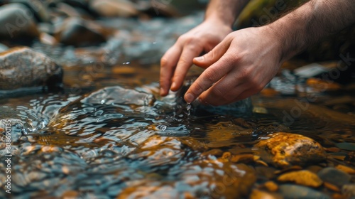 Grasping Enlightenment: Person Reaching for a Rock in a Stream