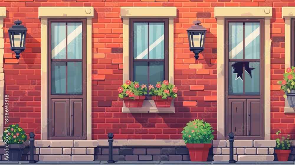The facade of an old apartment building with street lights, flower pots, classic window frames and cracks in the brickwork. The walls are damaged and cracked and the lamps are vintage. Neighborhood The facade of an old apartment building with street lights, flower pots, classic window frames and cracks in the brickwork. The walls are damaged and cracked and the lamps are vintage. Neighborhood