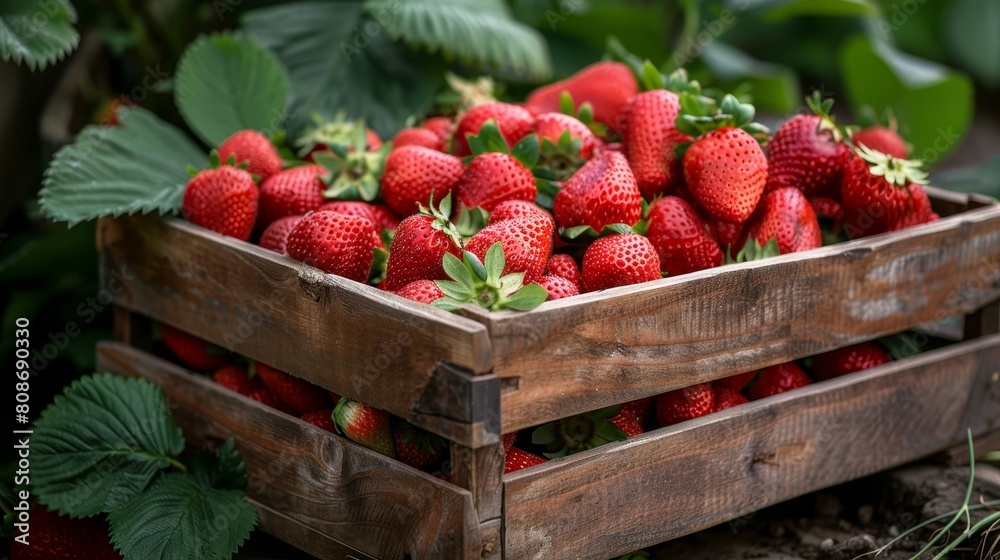 Freshly picked ripe red strawberries in wooden box on farmers field ready for sale and consumption Freshly picked ripe red strawberries in wooden box on farmers field ready for sale and consumption
