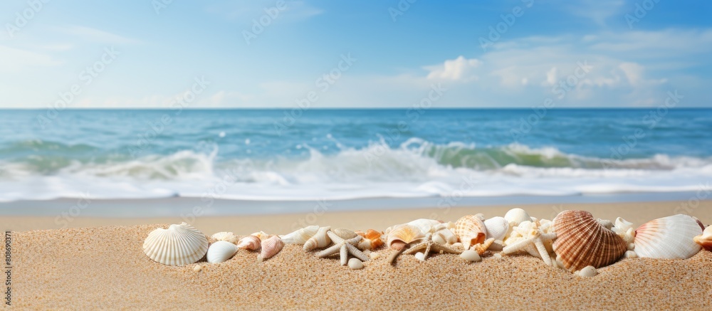A scenic summer beach with a sandy shoreline seashells and a beautiful ocean view in the background perfect for a sea themed copy space image A scenic summer beach with a sandy shoreline seashells and a beautiful ocean view in the background perfect for a sea themed copy space image