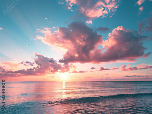Tranquil Sunrise Over Ocean with Pink Clouds and Serene Waves