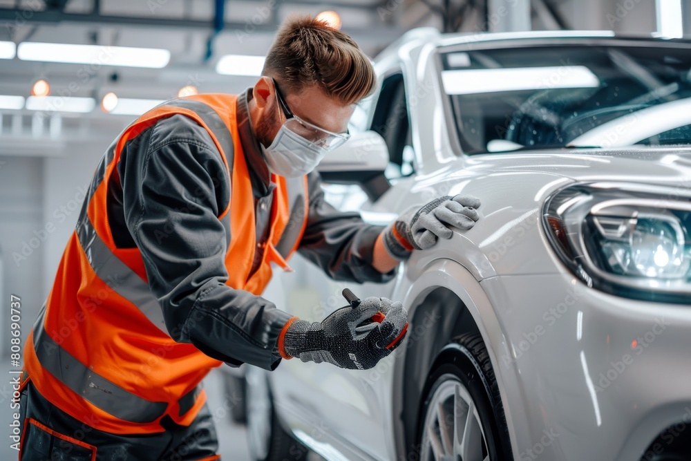 Skilled automotive technician expertly painting car body in top-notch repair service paint chamber Skilled automotive technician expertly painting car body in top-notch repair service paint chamber