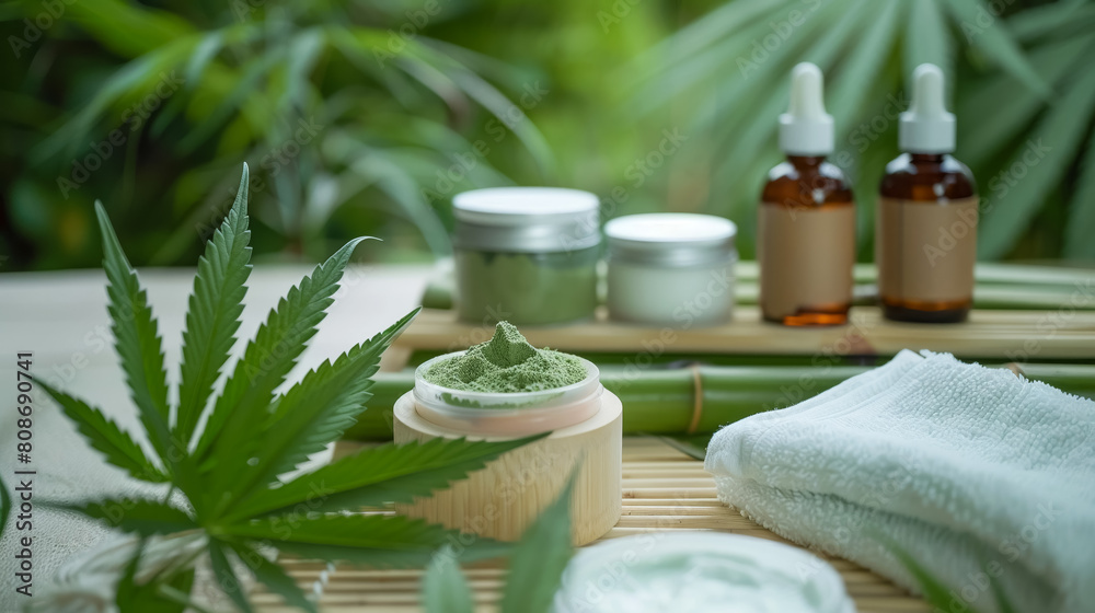 Cannabis spa products arranged on bamboo green and white towels