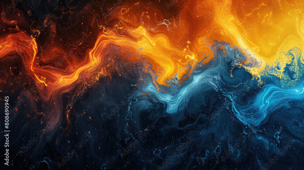 Abstract grainy background featuring a glowing color flow wave in orange, blue, and yellow against a black, dark backdrop with noise texture, perfect for banner, poster, and header design.

