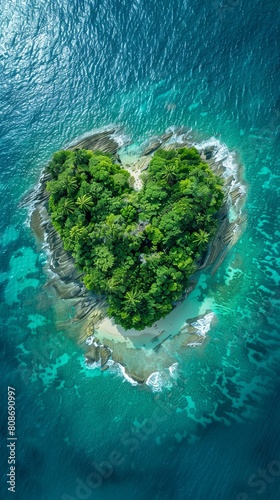 Pacific Island in the Shape of a Love Heart. Aerial Shot, Holiday Concept. © Svitlana