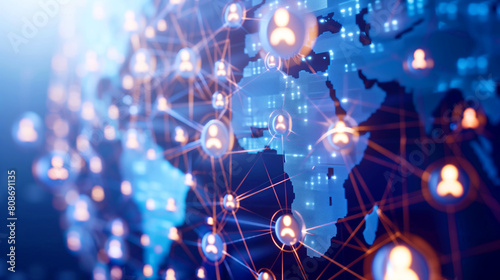 Global network concept with nodes and connections spread over a continent map, symbolizing connections and data exchange. © Natalia