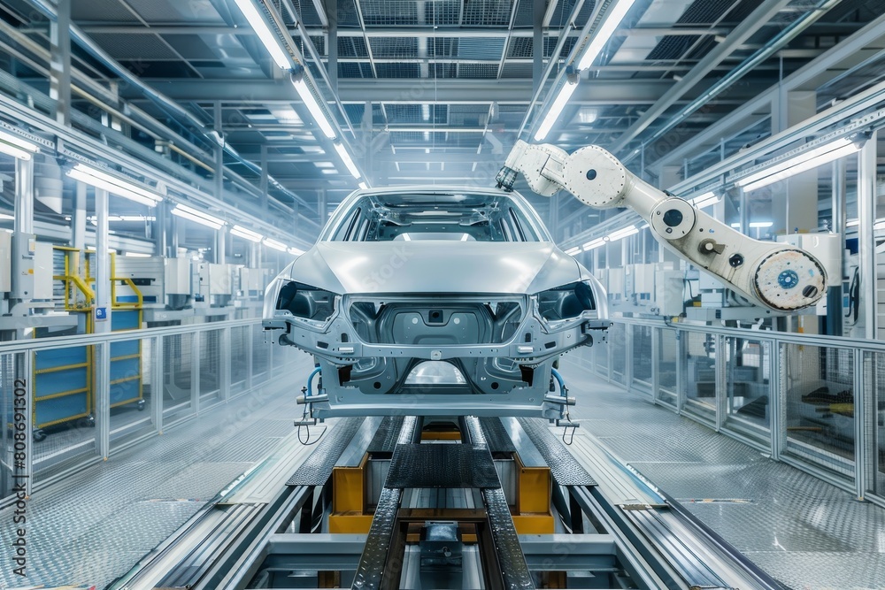 Fototapeta premium Automotive factory industrial robot painting passenger car body in paint chamber