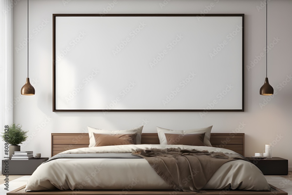 Mockup poster frame in bedroom interior background, modern interior design, frame mockup