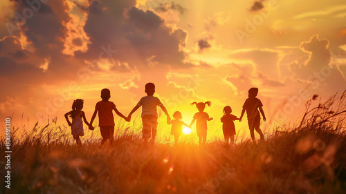 international children day background  kids silhouette in sunset and blue sky