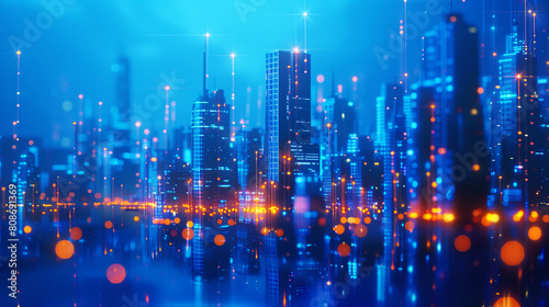 Futuristic cityscape with illuminated skyscrapers and digital network connections symbolizing advanced technology and cyber infrastructure.