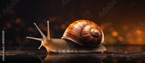 The snail moves at a slow pace but it never backs down or withdraws. Copy space image. Place for adding text and design photo