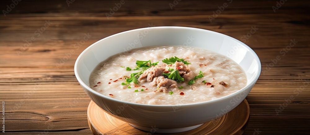 A white bowl filled with Asian porridge breakfast including minced pork ginger and shrimp on a wooden table with a copy space image A white bowl filled with Asian porridge breakfast including minced pork ginger and shrimp on a wooden table with a copy space image