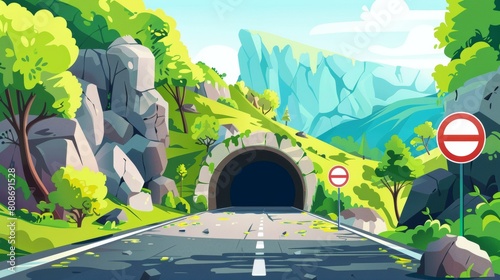 Tunnel road after landslide or earthquake with u-turn signs, stone on asphalt and reversal road sign, modern cartoon illustration. photo