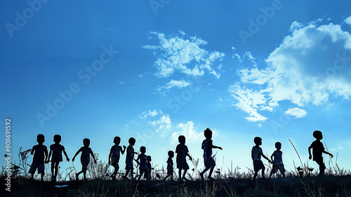 international children day background, kids silhouette in sunset and blue sky © rafliand