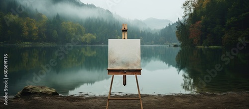 A wooden easel stands by the serene lake with an unfinished painting resting upon it leaving ample copy space in the image photo