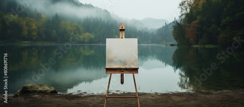 A wooden easel stands by the serene lake with an unfinished painting resting upon it leaving ample copy space in the image