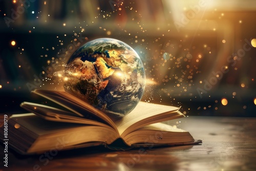 A globe with continents transforming into open books, symbolizing education as a pathway to a better world.