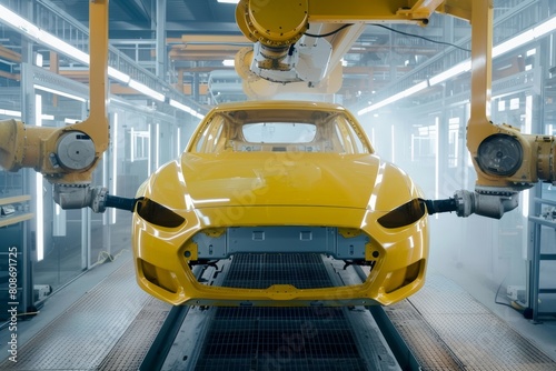 Industrial robot painting yellow body of passenger car in factory production line