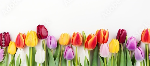 A stunning bouquet of blooming tulips with a white backdrop providing ample copy space for text The perfect representation of spring s vibrant flowers