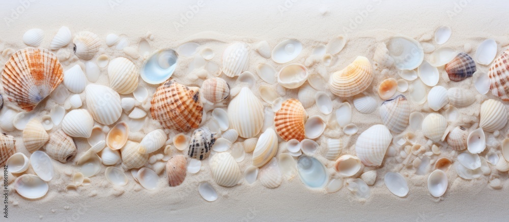 Small seashells scattered across the sandy shoreline creating a beautiful and delicate pattern. Copy space image. Place for adding text and design Small seashells scattered across the sandy shoreline creating a beautiful and delicate pattern. Copy space image. Place for adding text and design