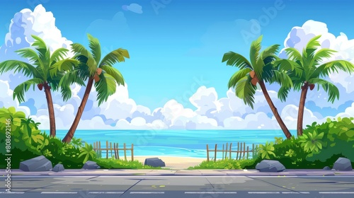 The summer tropical background is shown with palm trees and an empty asphalt road with a fence. A sea coast landscape is shown with rocks on the shore and blue water on the skyline, accompanied by photo