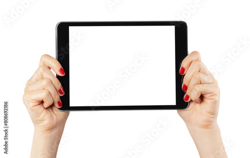 Hand holding digital tablet isolated on white background.