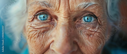 Gorgeous Senior Woman with stunning grey hair, blue eyes, and a joyful outlook on the world. Close-up shot showing the eyes of a beautiful Senior Woman.