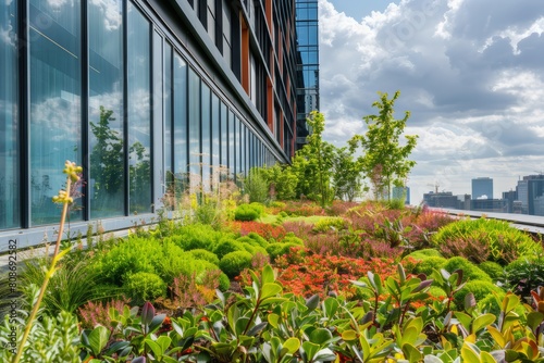 A green roof covered in diverse plant life sits atop a high-rise office building.
