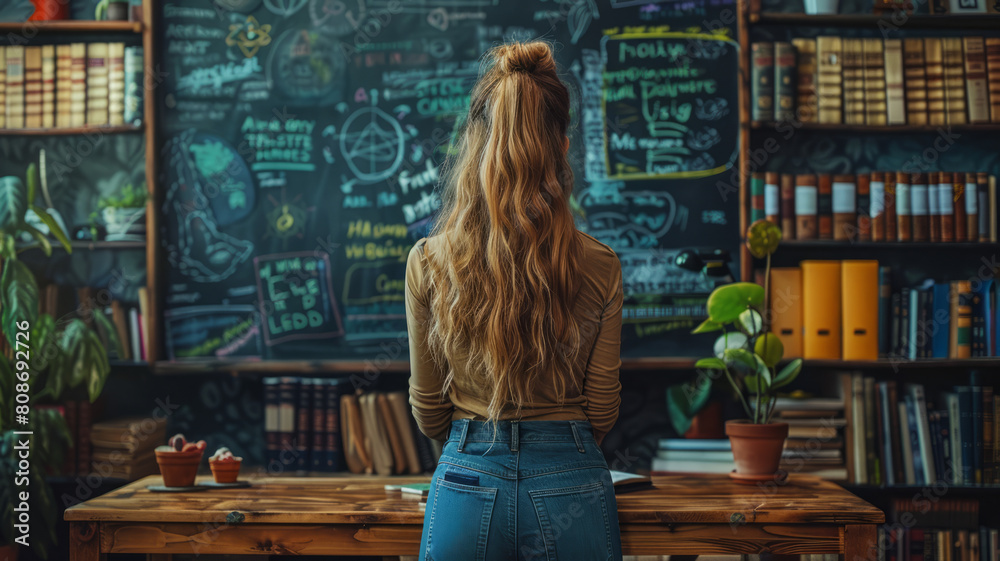 a female teacher is lecturing near the blackboard,generative ai a female teacher is lecturing near the blackboard,generative ai