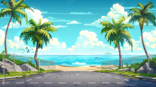 Summer tropical background with palm trees and an empty asphalt road bordered by a fence. Sea coast landscape with rock  blue water surface on skyline with white clouds cartoon illustration.
