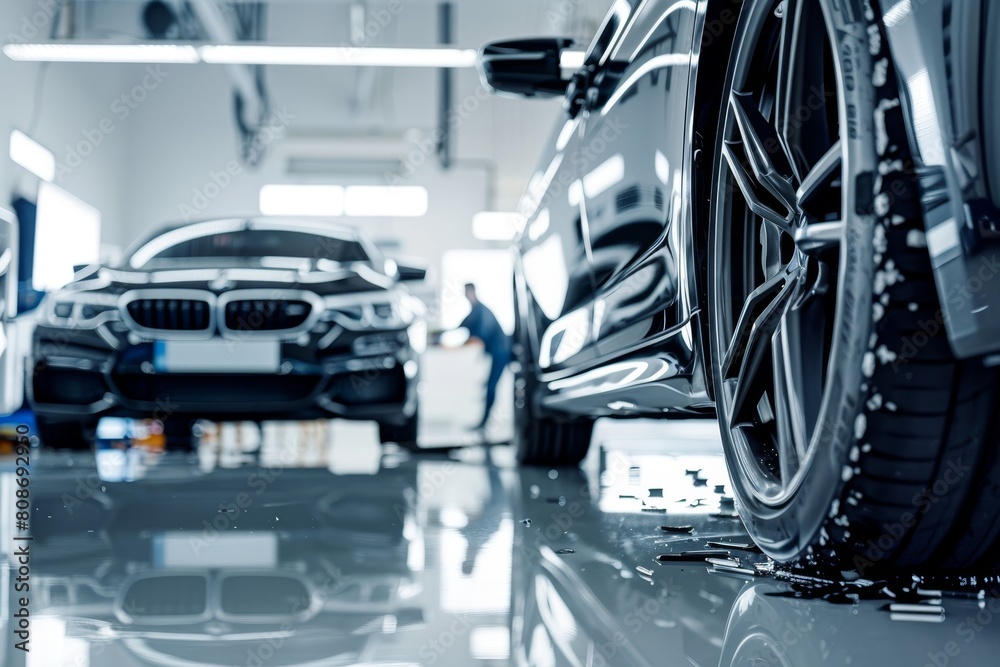 Fototapeta premium Modern car repair service on white background, master using professional tools after accident