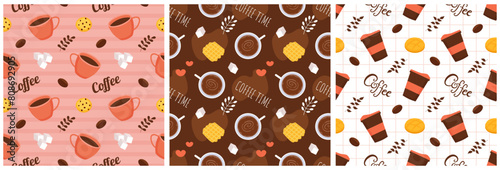 Coffee Time Seamless Pattern Design With Cacao Beans, Grains and Jug in Cartoon Flat Illustration