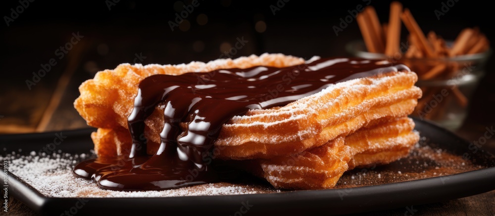 Delicious traditional churros topped with sugar and accompanied by a rich chocolate sauce The churro is a fried dough pastry Copy space image