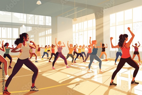 Illustration of a diverse group of active people participating in a community fitness class at an indoor gym