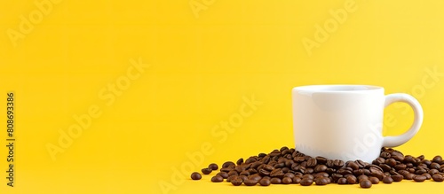 A white coffee cup filled with beans sits on a yellow background providing ample copy space for use