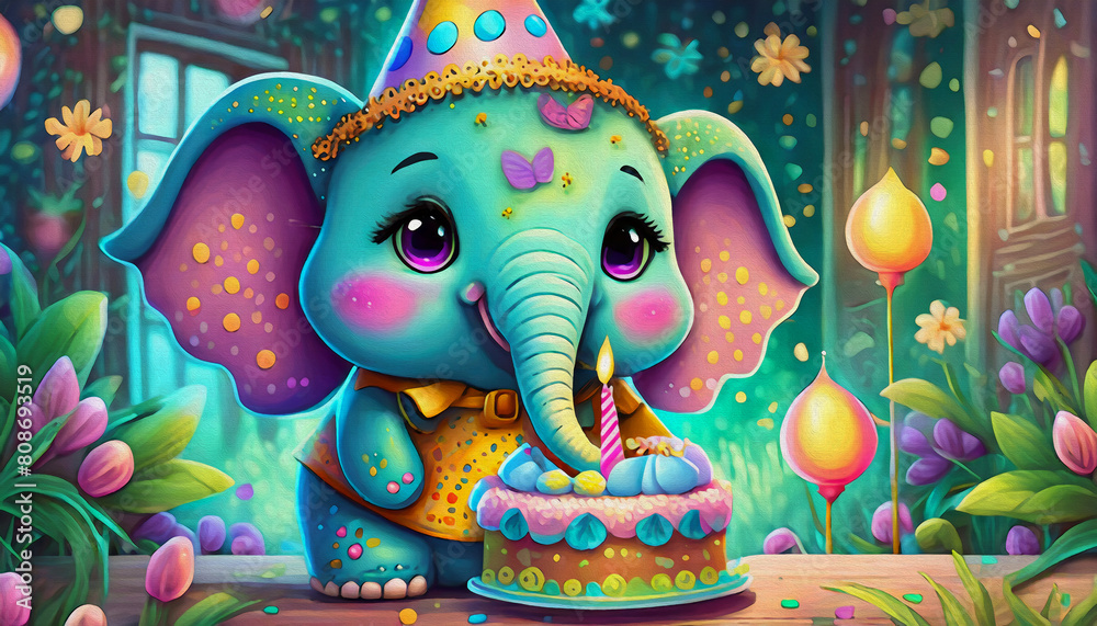 oil painting style cartoon character Multicolored happy baby elephant with birthday cake, 