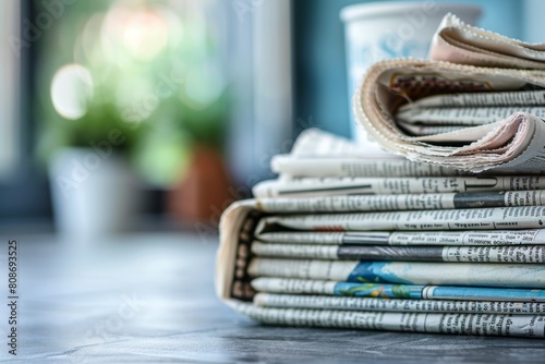 Stack of newspapers on table - news headlines of the day for current events and updates. photo
