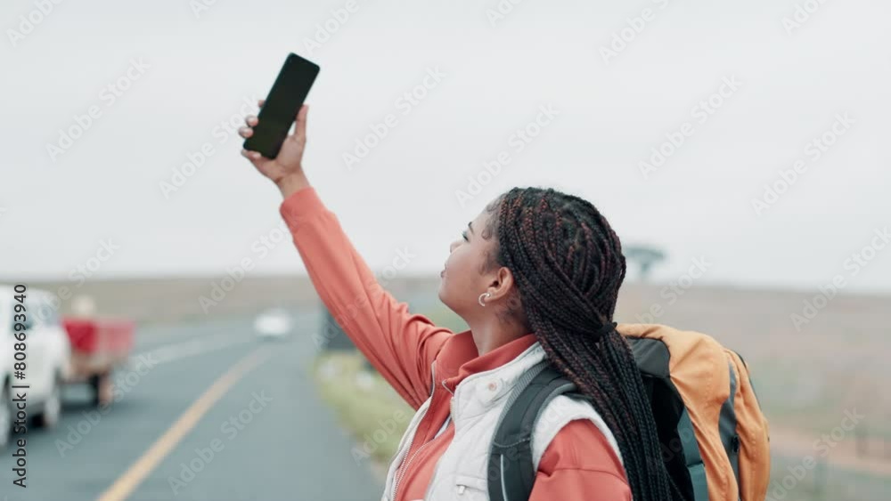 Woman, search and signal with smartphone in road, struggle and bad connection with internet or online app. Traveller, service error and reception issue, searching and hand gesture on mobile phone