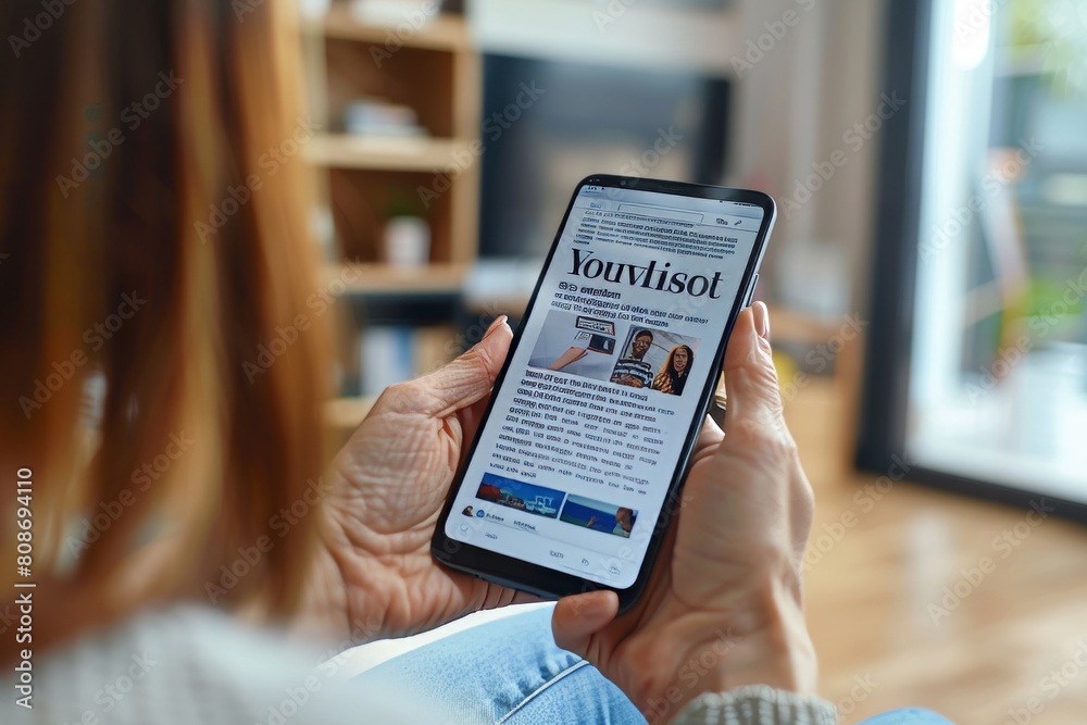 Woman reading online news on smartphone mockup at home, browsing articles in mobile app Woman reading online news on smartphone mockup at home, browsing articles in mobile app