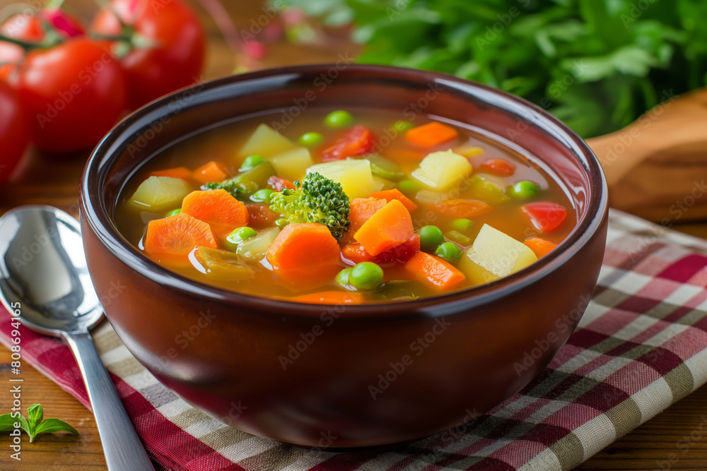Appetizing bowl of homemade vegetable soup filled with nutritious ingredients on a wooden table Appetizing bowl of homemade vegetable soup filled with nutritious ingredients on a wooden table