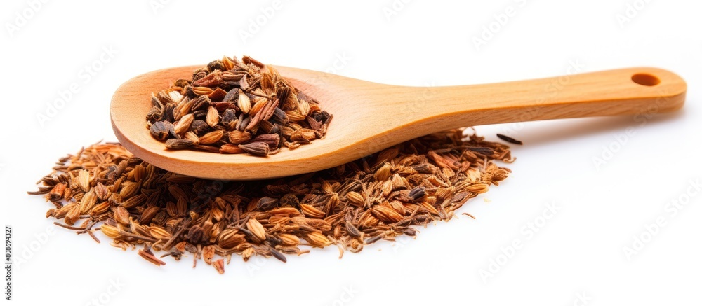 A photo of flax grains and spices in a wooden spoon placed on a white background with space available for text. Copy space image. Place for adding text and design A photo of flax grains and spices in a wooden spoon placed on a white background with space available for text. Copy space image. Place for adding text and design
