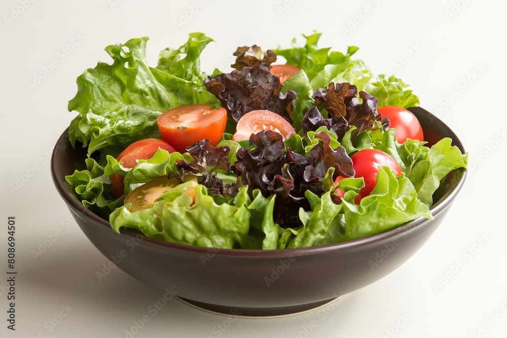 Delicious and healthy vegan fresh garden salad bowl with organic leafy greens and cherry tomatoes. A wholesome and nutritious meal option filled with clean