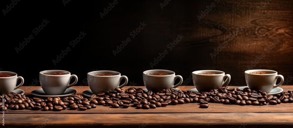 Coffee beans arranged on a wooden background with saucers creating a visually appealing copy space image Coffee beans arranged on a wooden background with saucers creating a visually appealing copy space image