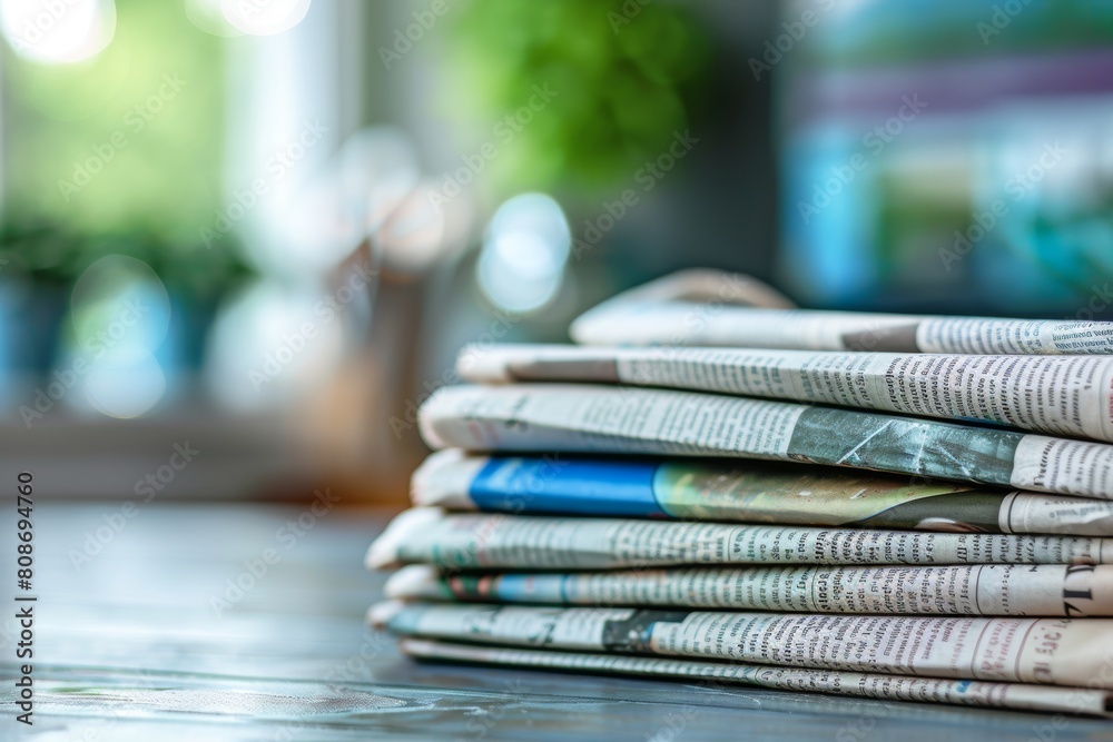 Stack of newspapers on table for latest news and updates, media communication concept Stack of newspapers on table for latest news and updates, media communication concept