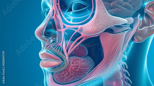 Symptoms of sinusitis and frontitis in a female face include inflammation of mucous membranes in the paranasal and frontal sinuses photo