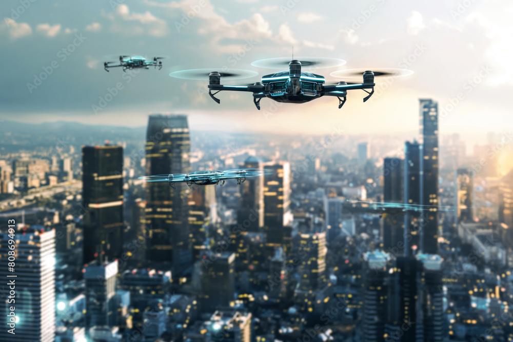 Conceptual image of a future city with flying drones, showcasing advanced urban technology Conceptual image of a future city with flying drones, showcasing advanced urban technology