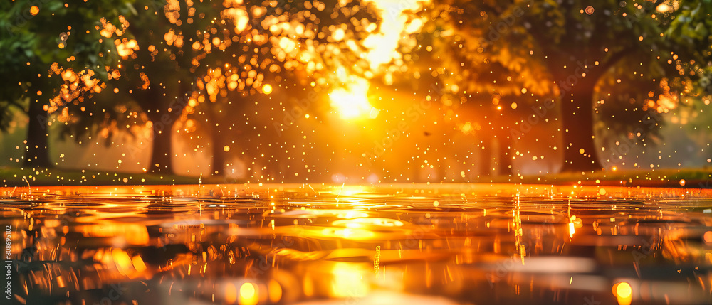 Fototapeta premium Enchanted Forest Scene with Golden Bokeh Lights, Dreamy Background, Magical Light Play Amid Nature